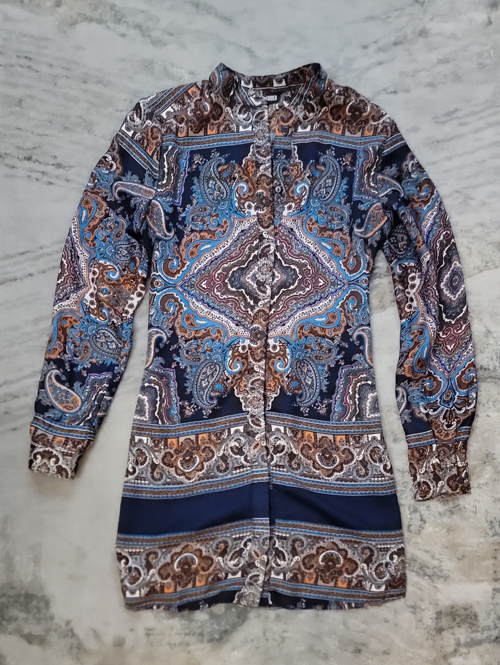 Paisley Button-Front Tunic in Navy, Blue & Brown